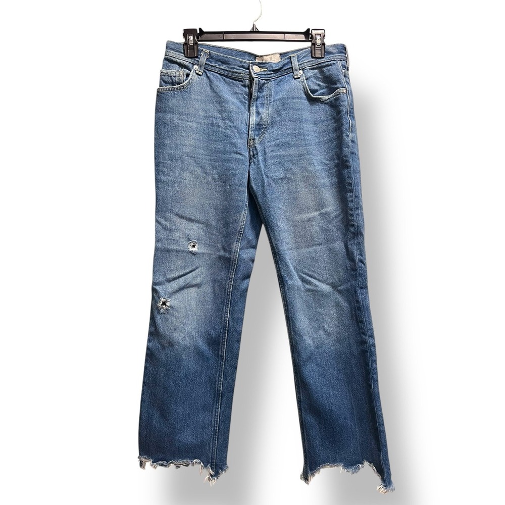 Free‎ People Blue Jeans Straight/Wide Leg Button Fly Raw Hem Distressed 26 Boho
